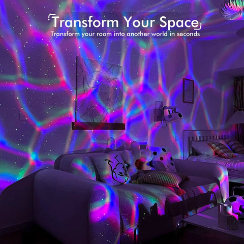 Epic Galaxy Projector Star Light With Bluetooth Speaker creating colorful ceiling decor in a cozy living room setting.