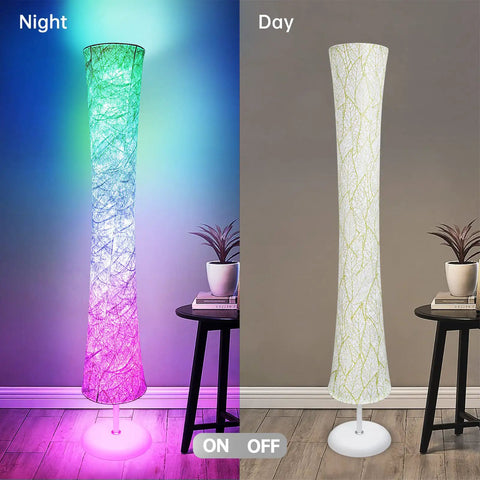 Smart RGB Floor Lamp With Music Sync And 16 Million DIY Colors, 61 Inch Standing Corner Lamp With 3 Color Temperature, App And Remote Control, Color Changing Mood Lighting For Living Room And Party Time, day and night comparison