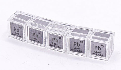 Five 0.39 Inch 10mm Lead Cube Pb 99.9 Percent Pure With Acrylic Display Case, Periodic Table Engraved
