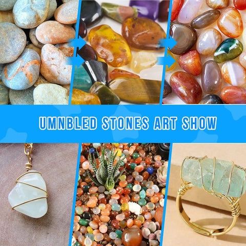 Variety of polished stones and jewelry at the Umnmbled Stones Art Show.