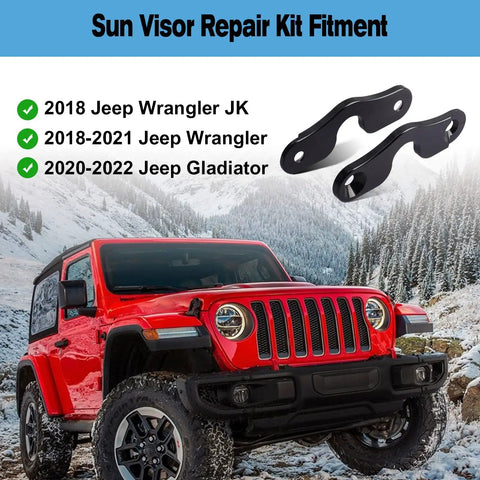 Sun Visor Clip Repair Kit For 2018-2022 Jeep Wrangler And 2020-2022 Gladiator shown with vehicle compatibility list