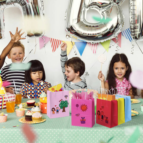Kids at party table with 32 Piece Gift Bags Set With 32 Tissues Eight Color Rainbow Party Favors for wedding birthday parties gifts.