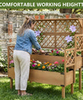 Two Tier Raised Garden Bed With Trellis And Lattice Back For Climbing Plants Wooden Outdoor Planter For Vegetables Herbs And Flowers Modern Minimal Design For Patio Balcony Or Backyard in use by a gardener outdoors.