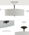 Inspire Collection Antique Bronze Three Light Semi Flush Mount Ceiling Light with off-white linen shade, drum shape.
