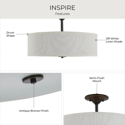 Inspire Collection Antique Bronze Three Light Semi Flush Mount Ceiling Light with off-white linen shade, drum shape.