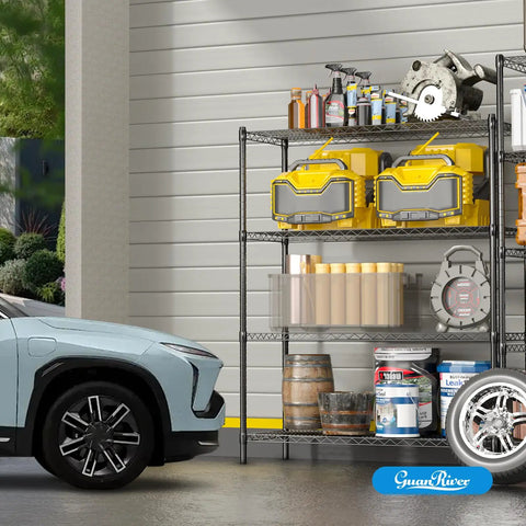 Heavy Duty Wire Shelving Unit With Four Adjustable Shelves Built Like A Tank For Garage Storage Black Coated Metal Rack Straight Setup And Seriously Solid Construction