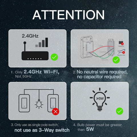 Attention guide for No Neutral Required Smart Switch No Hub Needed 2 4GHz Wi Fi Single Live Wire Capacitor Free Tuya Smart Life.