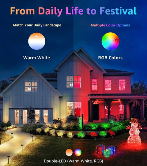 Split view of house with Two Pack Outdoor RGBW LED Spotlight Kit With Remote Control illuminating warm white and RGB colors.