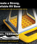 RV Stabilizing Jack Pads With Interlocking Design And Included Strap For Easy Storage UV Stabilized Polypropylene Solid Ground Support To Prevent Sinking On Gravel Roots And Soft Surfaces 4 Pack in use on gravel.