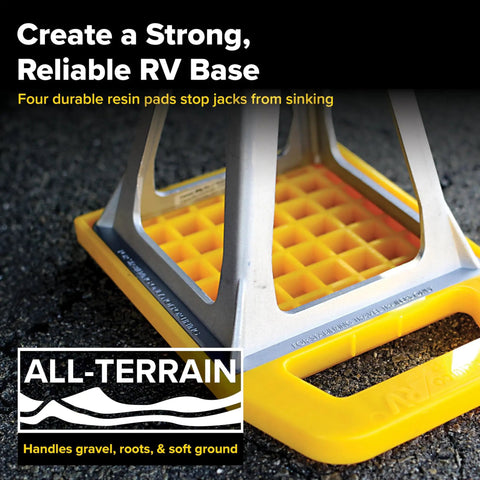 RV Stabilizing Jack Pads With Interlocking Design And Included Strap For Easy Storage UV Stabilized Polypropylene Solid Ground Support To Prevent Sinking On Gravel Roots And Soft Surfaces 4 Pack in use on gravel.