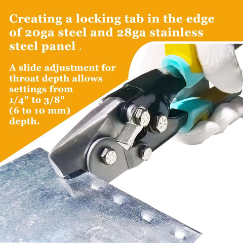 Lock Notcher And Gutter Crimper Tool creating locking tab on sheet metal with ergonomic grips, adjustable throat, heavy duty