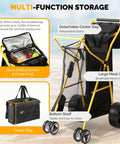Heavy Duty Beach Cart with 11 Inch Solid Wheels showing cooler bag and mesh bag on sand