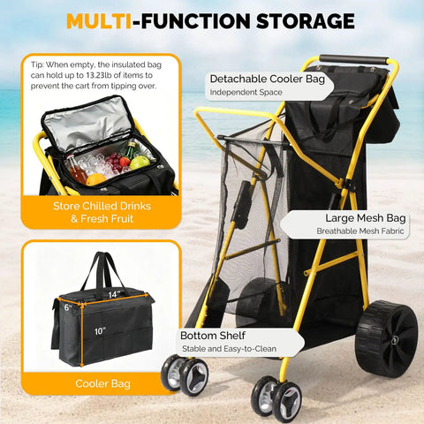 Heavy Duty Beach Cart with 11 Inch Solid Wheels showing cooler bag and mesh bag on sand