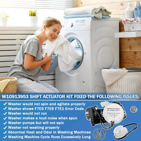 Woman with laundry near washer and Beefed Up Washer Shift Actuator Kit With Pulley Clutch Assembly And Drive Belt, Durable ABS Metal