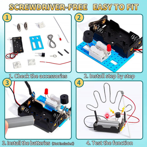 8 Set Electric Circuit STEM Kits For Kids Aged 8 To 12 Easy Setup No Tools Needed Each Kit Comes With Its Own Manual Supports Up To 8 Players Batteries Not Included Super Fun Hands On Electronics Projects. Screwdriver-free circuit kit parts and battery install steps