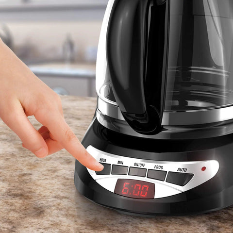 Super Convenient Programmable 12 Cup Coffee Maker With Removable Glass Carafe showing digital timer in a kitchen setting