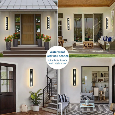 Outdoor Wall Light LED 18W Long Black Metal Waterproof Slick Modern Exterior Lighting Fixture With 3 Color Changeable Temperatures Frosted Acrylic Porch Sconce shown in various settings.