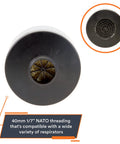 40mm NATO NBC CBRN Gas Mask Filter, top and side view, showing NATO thread for full face respirators, vacuum sealed.