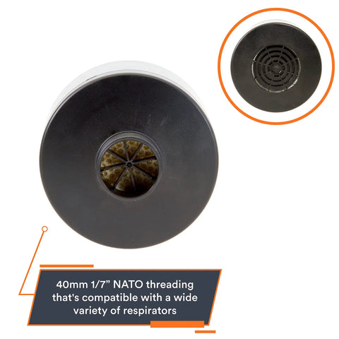 40mm NATO NBC CBRN Gas Mask Filter, top and side view, showing NATO thread for full face respirators, vacuum sealed.