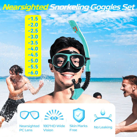 Smiling man wears a Nearsighted Dry Snorkel Mask Set for Adults and Youth with Detachable Camera Mount on beach.