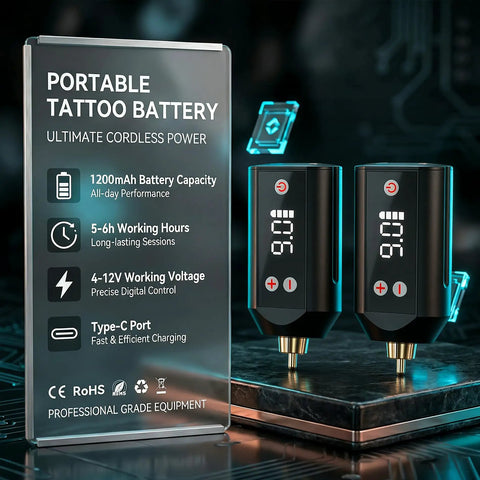Wireless Tattoo Pen Kit For Beginners dual 1200mAh batteries shown with performance specifications