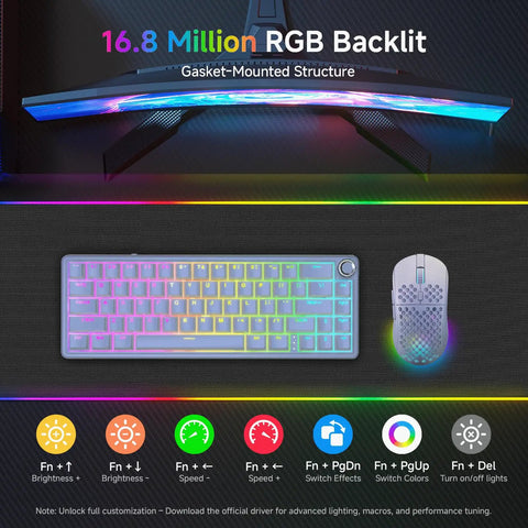 Slick 60 Percent Wired Mechanical Gaming Keyboard With RGB Backlight And Hot Swappable Gasket Mount featuring vibrant lighting and aluminum volume knob.