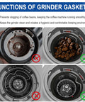 Upper Burr Rubber Seal Replacement For Espresso Grinders Silicone Gasket To Prevent Clogging Keep Your Grinder Clean Fits Barista Express Barista Pro Barista Touch And Smart Grinder Pro 8 Pack For A Pro Level Grind shown in use preventing coffee bean blockage.