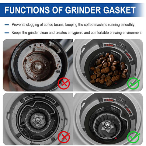 Upper Burr Rubber Seal Replacement For Espresso Grinders Silicone Gasket To Prevent Clogging Keep Your Grinder Clean Fits Barista Express Barista Pro Barista Touch And Smart Grinder Pro 8 Pack For A Pro Level Grind shown in use preventing coffee bean blockage.