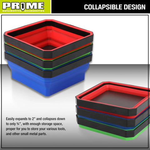 Collapsible Magnetic Parts Tray Set with 3 Foldable Silicone Bowls, 4.25 Inch Square Magnetic Base for Workbench Organization