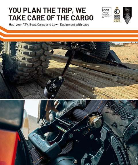 Heavy Duty Retractable Ratchet Straps 5000 Lbs Breaking Strength 2 Inch By 12 Foot securing ATV tire on trailer.
