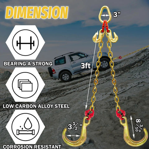 Heavy Duty Grade 80 V Bridle Towing Chain 5/16 Inch, 3 Feet With 8 Inch Hooks, 5400 Lbs Working Load Limit, towing car up a slope