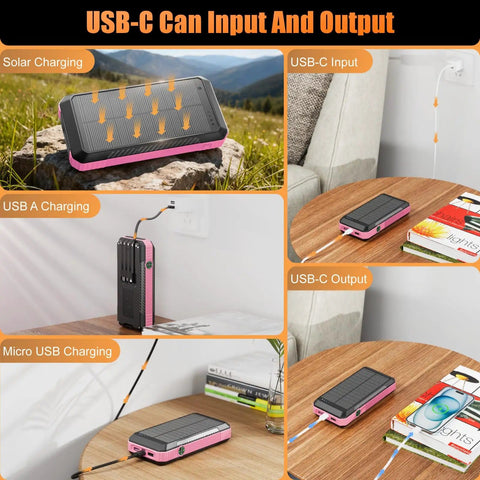 Outdoor Power Bank 33800mAh With Solar Charging And Super Bright LED Flashlight Portable Charger With Built In Cables Wireless Charging And Compass 7 Outputs 4 Inputs For Camping And Hiking showcasing multiple charging options including solar, USB-C, USB A, and micro USB on a desk and outdoor settings.