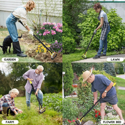 People using Stainless Steel Stirrup Weeder Hoe With Sharp Push Pull Blade in garden, lawn, farm, and flower bed.