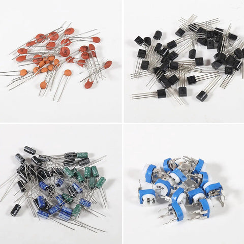 Massive 1900 Piece Electronics Component Kit for DIY Projects Featuring LEDs Resistors Capacitors Transistors DC Jacks PCBs and Speaker Parts for Pro Assembly and Learning showing assorted capacitors and transistors