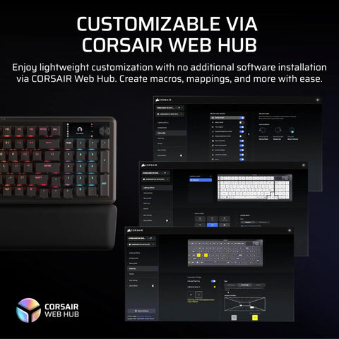 Customizable via Corsair Web Hub showing Goated 96 Percent Wireless Mechanical Gaming Keyboard With Compact Tkl Body Full Color Lcd Screen.