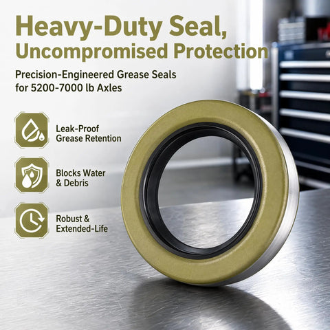 Rock Solid 4 Pack Trailer Hub Grease Seals Double Lip Design Keeps Grease On Tap And Kicks Dirt Out For 5200 To 7000 Lb Axles 2.25 Inches By 3.38 Inches Keeps Bearings Humming, showing a heavy-duty grease seal.