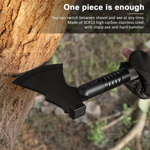Survival Shovel With High Carbon Steel Blade Folding Entrenching Tool And Axe Tactical Shovel used on a tree