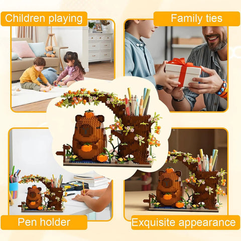 Epic 1880 Piece Capybara Themed Building Blocks Set For Kids And Adults, Cute Animal And Flower Construction Bricks Kit, Includes Pen Holder Desk Organizer, Dope Arts And Crafts Gift For Makers. Capybara desk organizer with tree and flowers