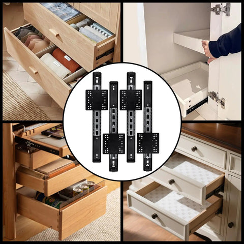 4 Pack Pocket Door Slide System Kit Black For Hidden Cabinets And Pantry Doors With 14 Inch Rails Includes Stainless Clip Hinges Bearings Magnetic Door Catches And Gloves No Fuss DIY Install And Smooth Glide shown with kitchen drawers and cabinet applications