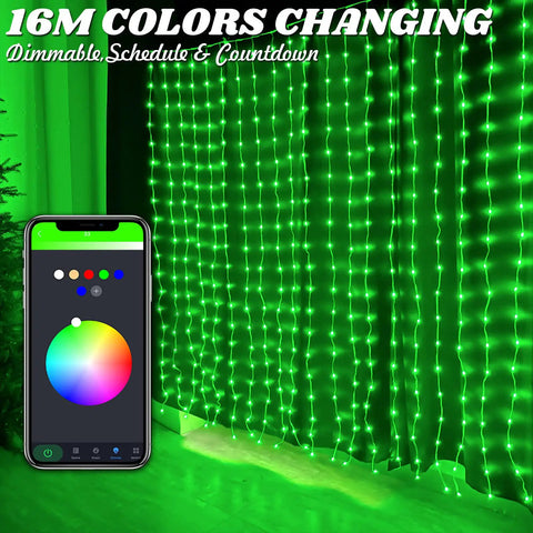 Image showing Year Round Curtain String Lights With Dope Music Sync, 400 RGB LED Fairy Lights, app remote displaying color wheel control.