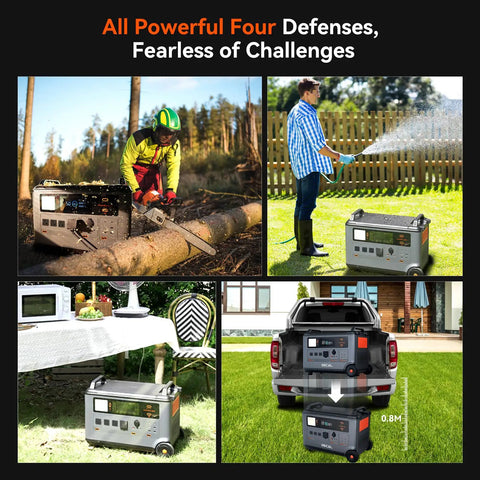 Massive Portable Power Station With LiFePO4 Battery And 6000W AC Output Solar Generator in various outdoor settings.