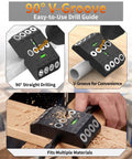 Multi Angle Cable Railing Drill Guide Jig With Built In Bubble Level For Deck Posts And Stair Railings, V-Groove for 90° drilling.