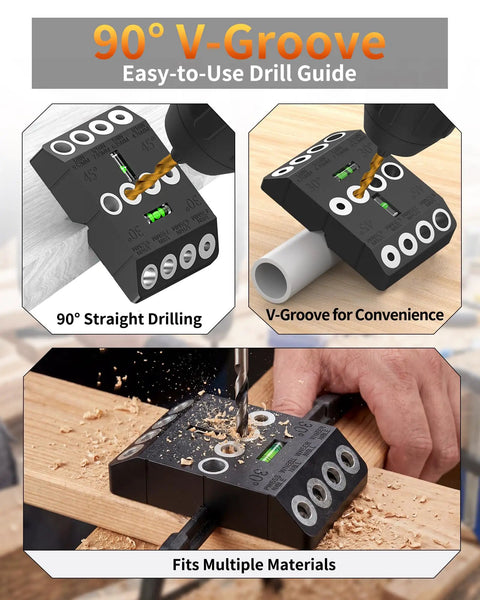 Multi Angle Cable Railing Drill Guide Jig With Built In Bubble Level For Deck Posts And Stair Railings, V-Groove for 90° drilling.