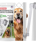 Self Closing Gate Closer With Adjustable Tension For Outdoor Pool And Dog Gates Heavy Duty Automatic Gate Stop Made In USA Stainless Steel Hardware Premium Weatherproof Construction Warranty Included displayed with dog and fence