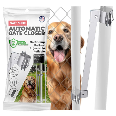 Self Closing Gate Closer With Adjustable Tension For Outdoor Pool And Dog Gates Heavy Duty Automatic Gate Stop Made In USA Stainless Steel Hardware Premium Weatherproof Construction Warranty Included displayed with dog and fence