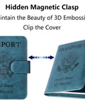 Blue passport holder with hidden magnetic clasp showing front and side view. Features "Passport United States of America" embossing.