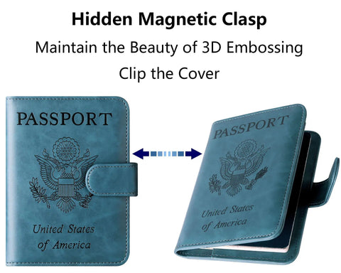 Blue passport holder with hidden magnetic clasp showing front and side view. Features "Passport United States of America" embossing.