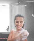 Adjustable Shower Arm Extension 16 Inch Chrome For Ultimate Shower Upgrade with woman enjoying shower
