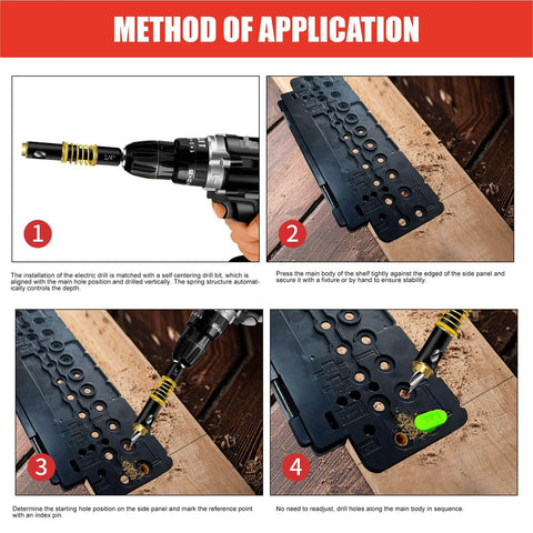 One Quarter Inch Shelf Pin Jig For Cabinets And Shelves Adjustable 5mm 0.2 Inch Hole Drill Guide With Standard 32mm Spacing shown in use