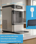 Countertop Nugget Ice Maker Delivering Dang Good Soft Chewable Ice That Chills Your Drinks Fast, showing dimensions and accessories on kitchen counter.